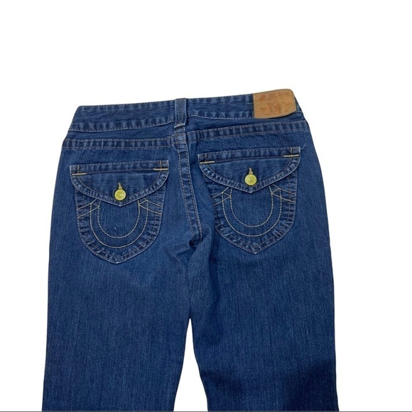 True Religion Joey Flare Medium Wash Denim Jeans Mid Rise Raw Hem Sz 30 - Picture 4 of 10